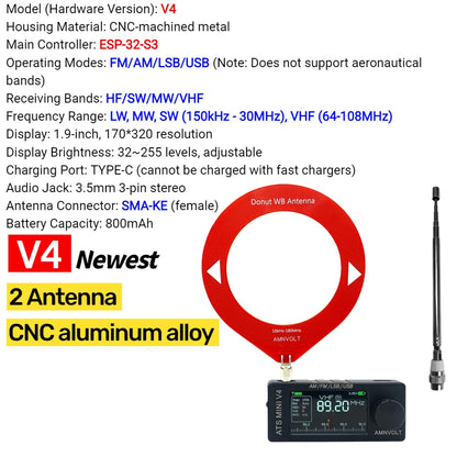 AMNVOLT V4/V3S ATS MINI SI4732 Radio ALL Band DSP Radio FM AM SSB LSB USB Receiver, built-in Hi-Z Headphone Amplifier Circuit
