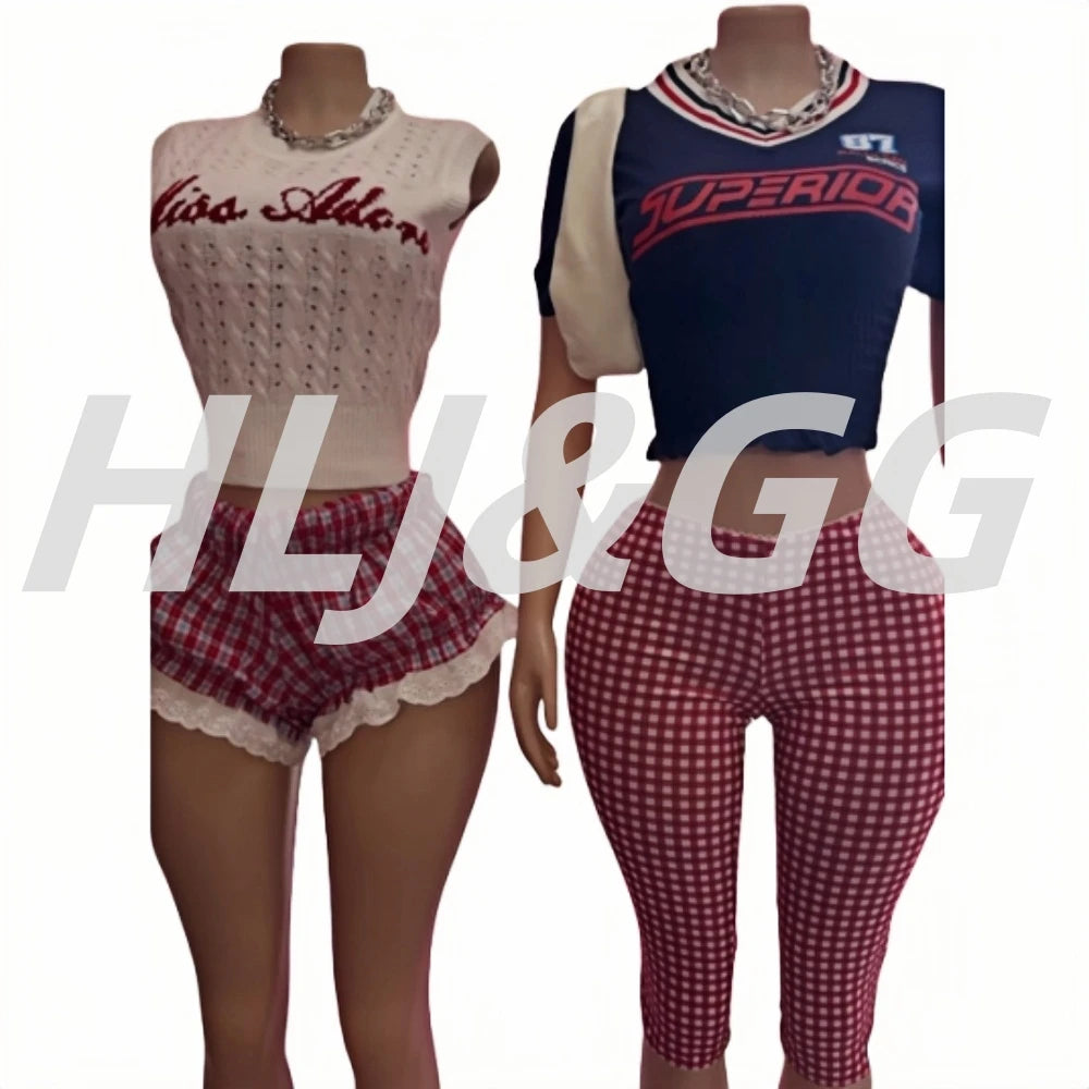 HLJ&GG White Knit Letter Fashion Y2K Outfits Women O Neck Sleeveless Slim Crop Top + Lace Plaid Shorts Two Piece Sets Streetwear