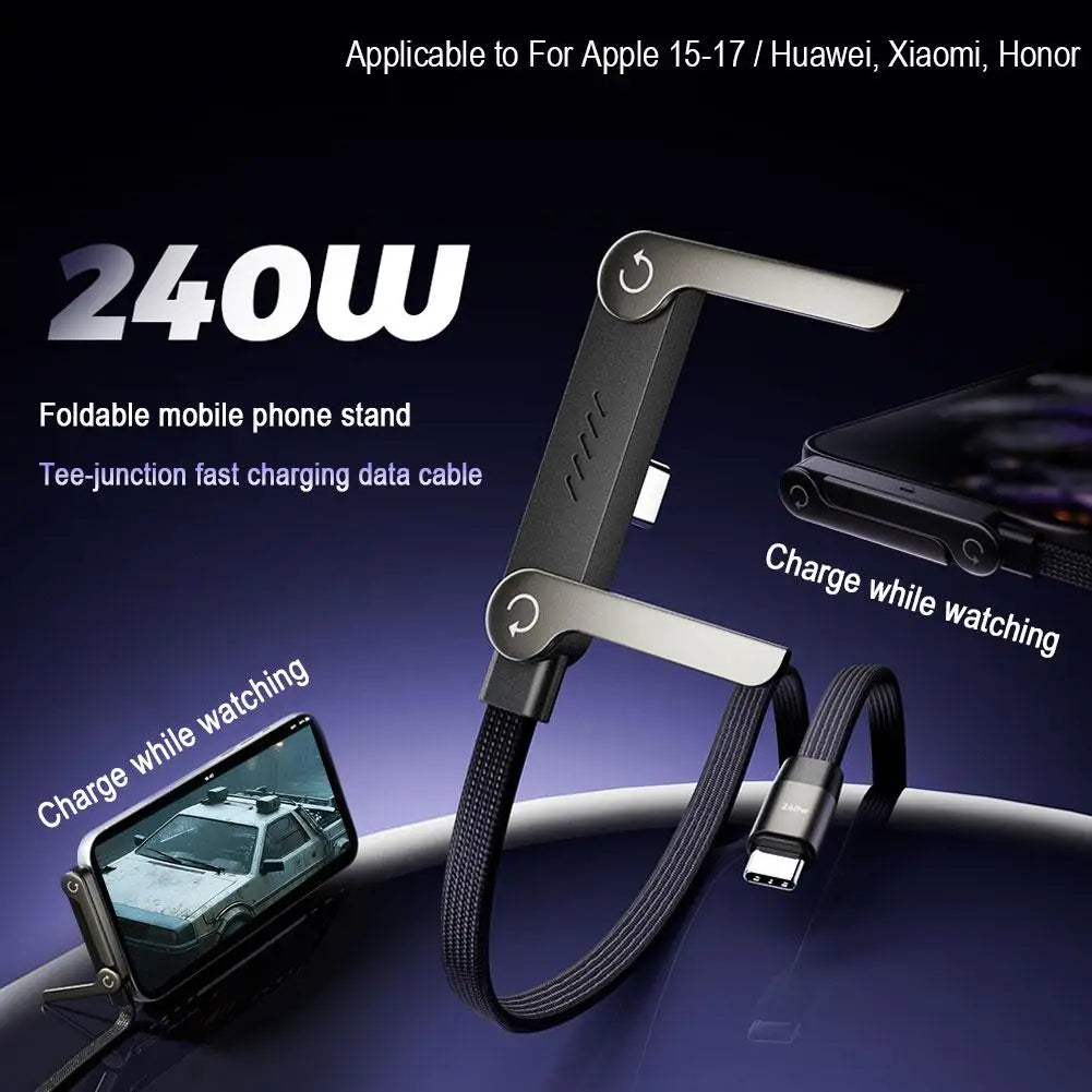 240W Fast Charging Phone Holder Data Fast Charging Cable Phone Tablet Built in Foldable KickStand Holder 2-in-1 Type-C To C