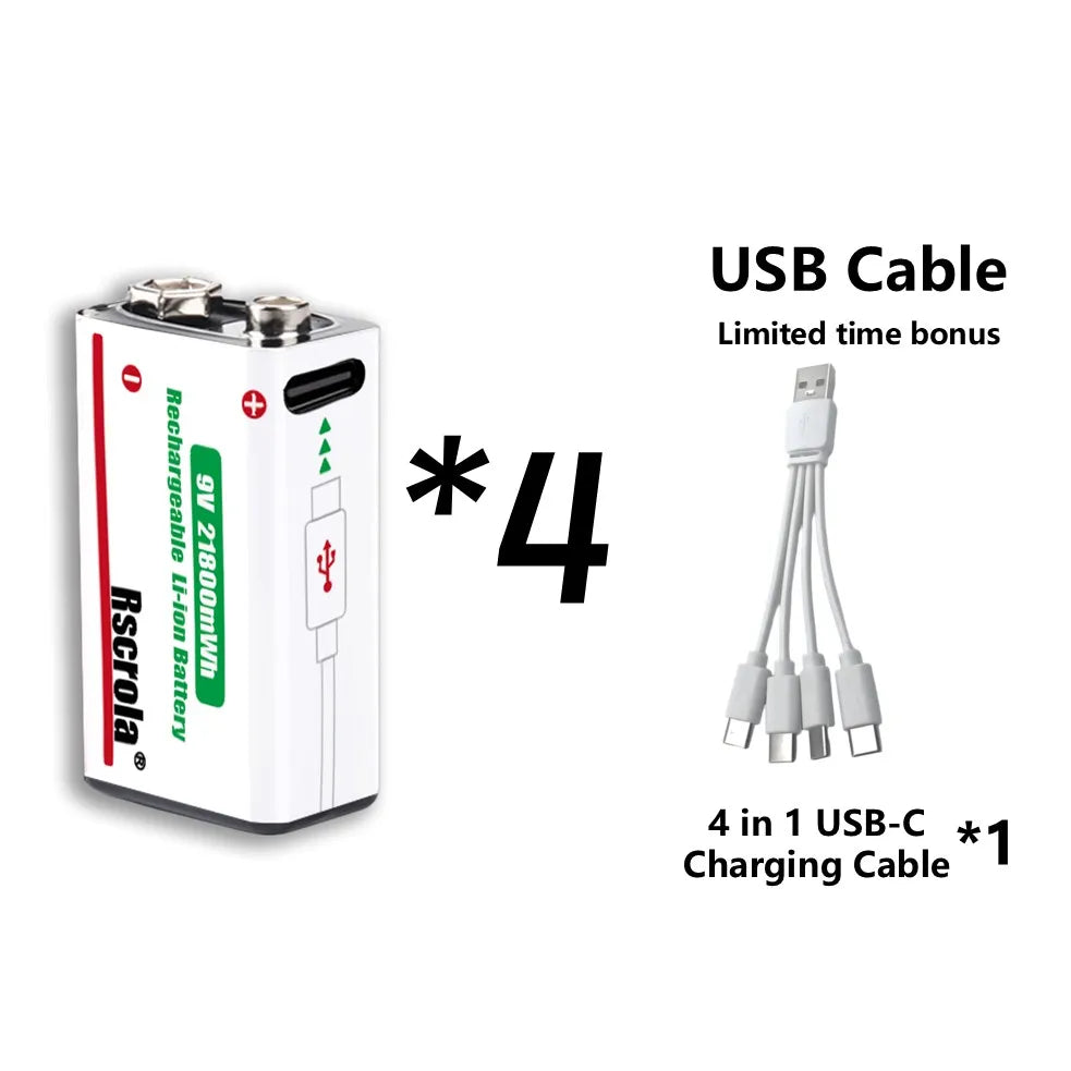 Rechargeable 9V Battery USB-C Charge,21800mWh Long-lasting 9V Li-Ion Battery with Free Cable,for Smoke Alarm,Camera,Clocks,Audio