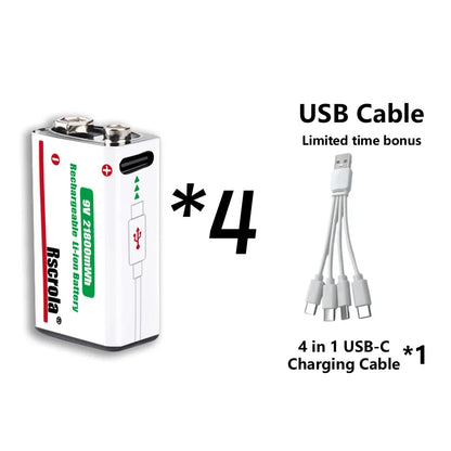 Rechargeable 9V Battery USB-C Charge,21800mWh Long-lasting 9V Li-Ion Battery with Free Cable,for Smoke Alarm,Camera,Clocks,Audio