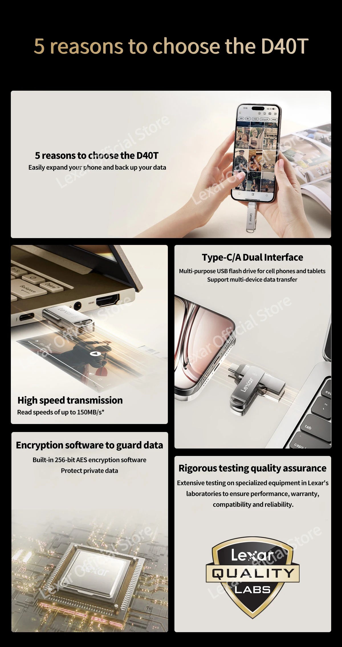 Lexar JumpDrive D40T Encrypted Metal Pen Drive USB 3.2 Type-C Type-A High Speed USB Disk 128GB Flash Memory for PC