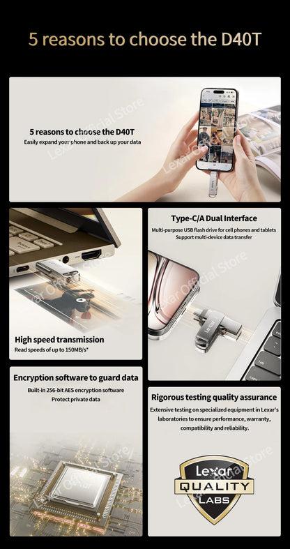 Lexar JumpDrive D40T Encrypted Metal Pen Drive USB 3.2 Type-C Type-A High Speed USB Disk 128GB Flash Memory for PC