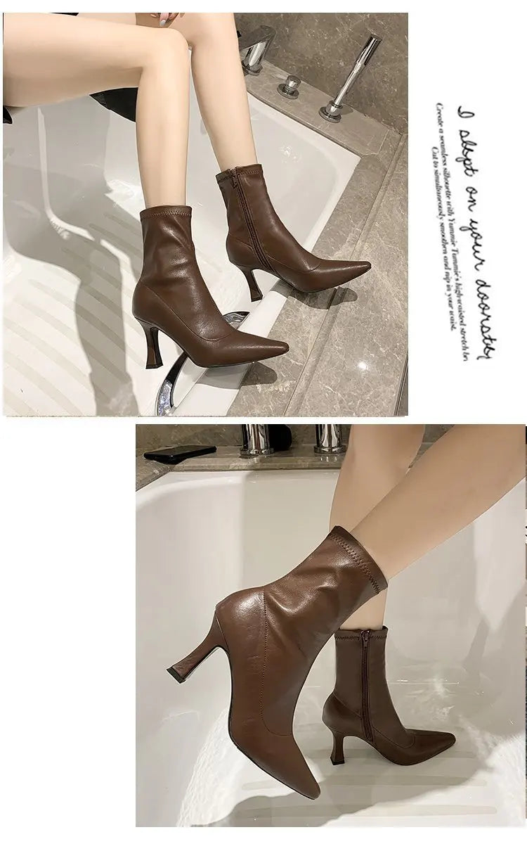 Women High Heel Short Leather Boots  New Boots Female Pointed Thin Heel Boots Ladies Ankle Short Boots Botas De Mujer 2024