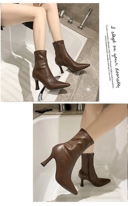 Women High Heel Short Leather Boots  New Boots Female Pointed Thin Heel Boots Ladies Ankle Short Boots Botas De Mujer 2024