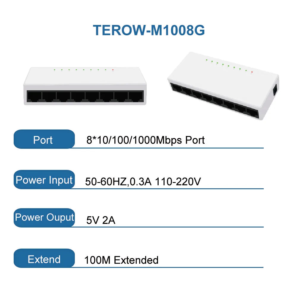 TEROW 8 Ports Ethernet Switch Gigabit Network Switch 100 1000Mbps Gigabit Switch Fast RJ45 LAN Hub for ip camera NO POE