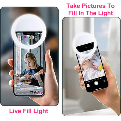 Universal Clip-On LED Selfie Ring Light, Rechargeable and Portable with 3 Adjustable Brightness Levels for All Phones