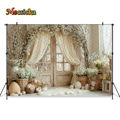 Mocsicka Spring Easter Background Photography White Retro Door Colorful Egg Floral Backdrop Maternity Newborn Photozone Studio