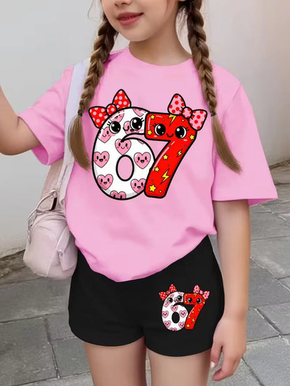 67 Six Seven Girls Clothes Cute Bows Flowers Print Girls Short Sleeve T-Shirt + Pants Set Casual Fashion Children's Clothes Tops
