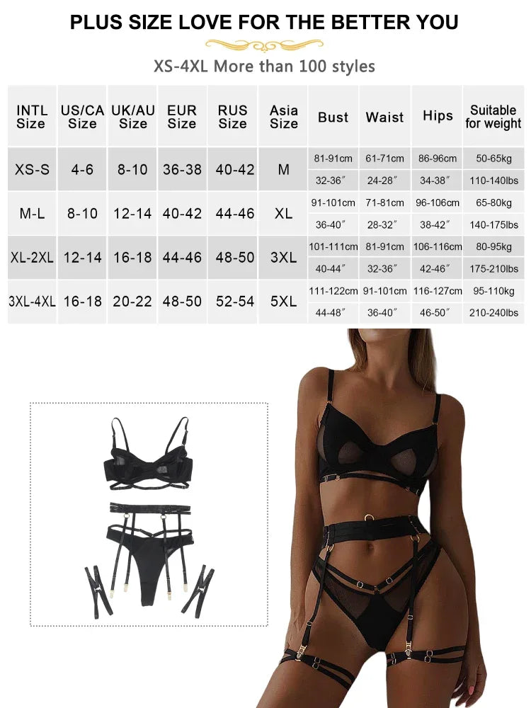 Comeondear Women Suspender Elastic Strap Intimate Underwear Black Plus Size Lingerie Belt Briefs Sexual Mesh Garter Bra Panties