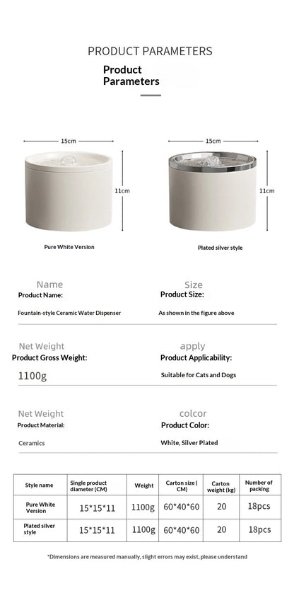 Cat Automatic Water Dispenser Pet Ceramic Water Bowl Dog Bowl Water Dispenser, Circulation Water Flow Water Dispenser