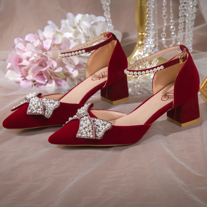 Maogu 2023 Pearl Bowtie Ankle Strap High Heels Shoes Woman Beige Red Bling Crystal Wedding Shoes Elegant Med Heels Women's Pumps
