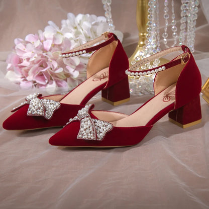 Maogu 2023 Pearl Bowtie Ankle Strap High Heels Shoes Woman Beige Red Bling Crystal Wedding Shoes Elegant Med Heels Women's Pumps