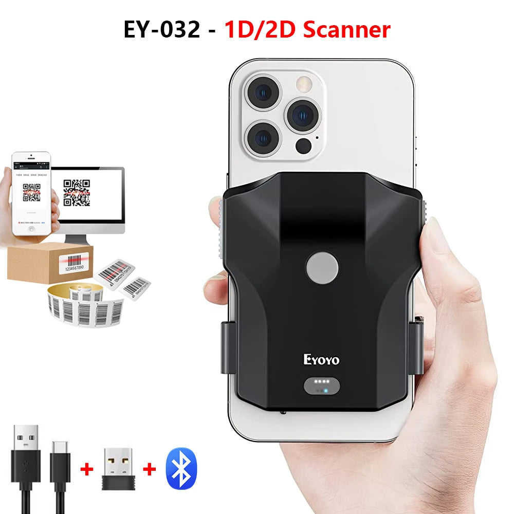 Eyoyo EY-032 Bluetooth Barcode Scanner Back Clip 1D 2D Bar Code Reader with Image Scanning For UPC Library Warehouse Inventory