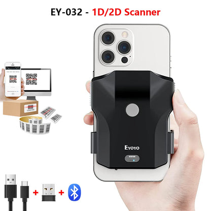Eyoyo EY-032 Bluetooth Barcode Scanner Back Clip 1D 2D Bar Code Reader with Image Scanning For UPC Library Warehouse Inventory