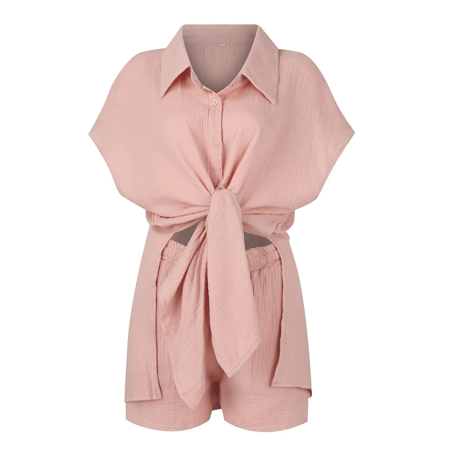 Summer cotton and linen solid color shirt short sleeved casual shorts set