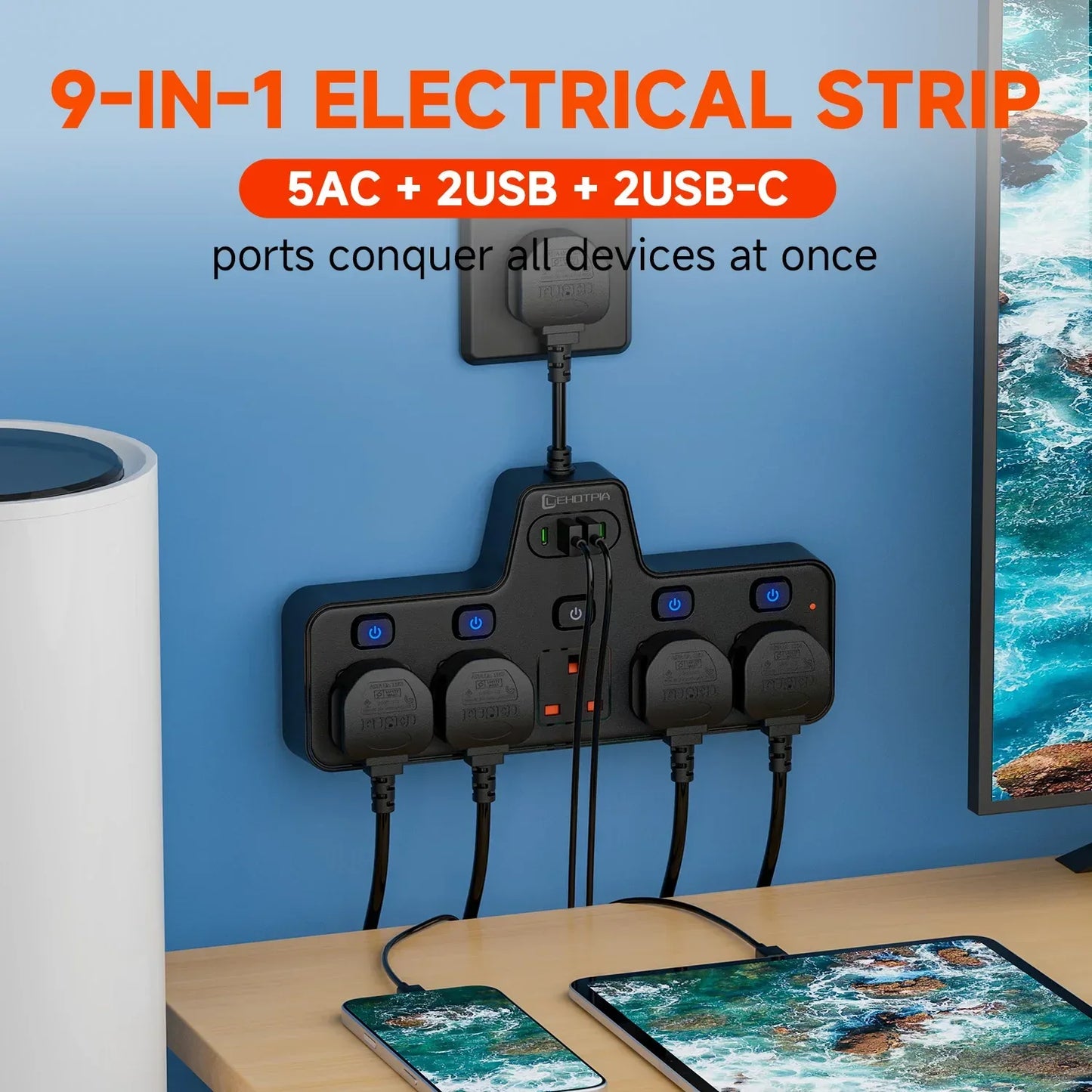 2500W UK Plug Power Strip Wall Mounted Independent Switches, Multitap Network Filter USB-C Ports 2.1A Fast Charging Adapter