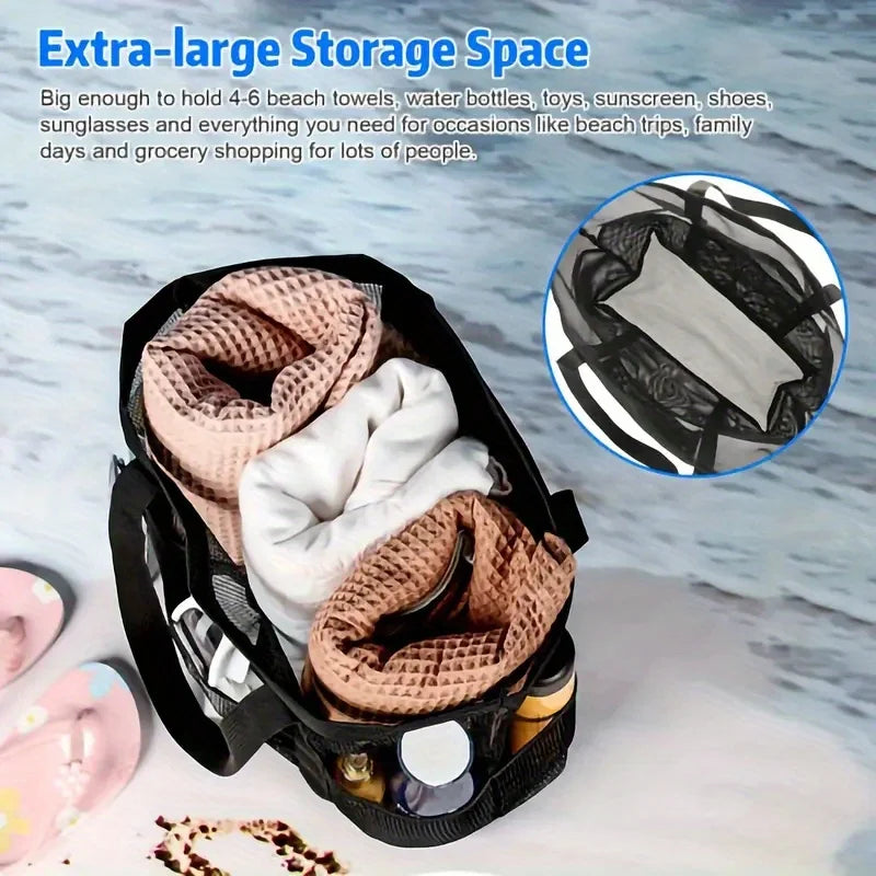 Mesh beach bag, one shoulder mesh shower, fitness, swimming bag, large capacity handheld travel cosmetics storage bag