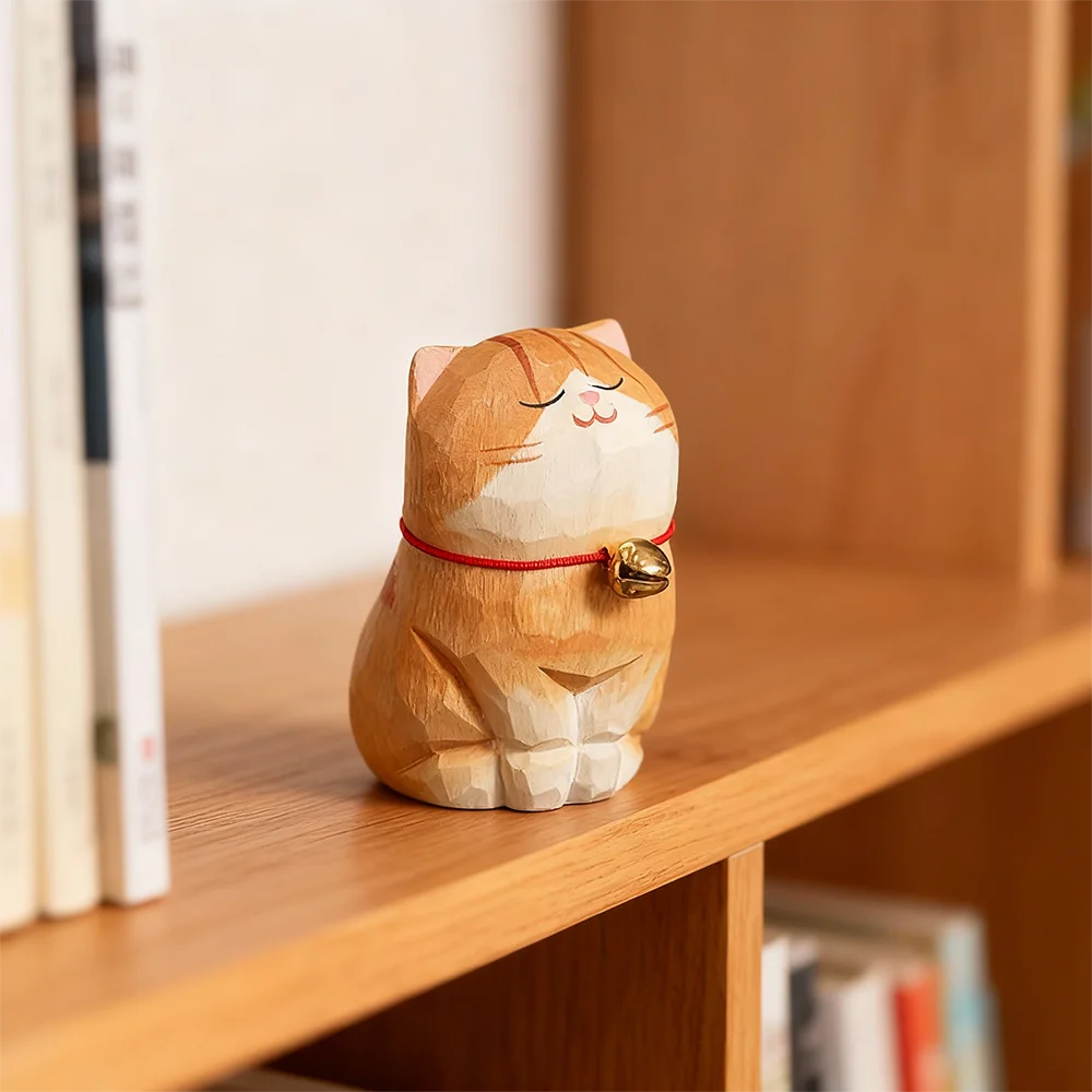 Cute Cat Animals Figurine Decorative Wooden  Ornament Kitten Statue Calico Golden gradient cat Home Office Desk Car Decor Gift
