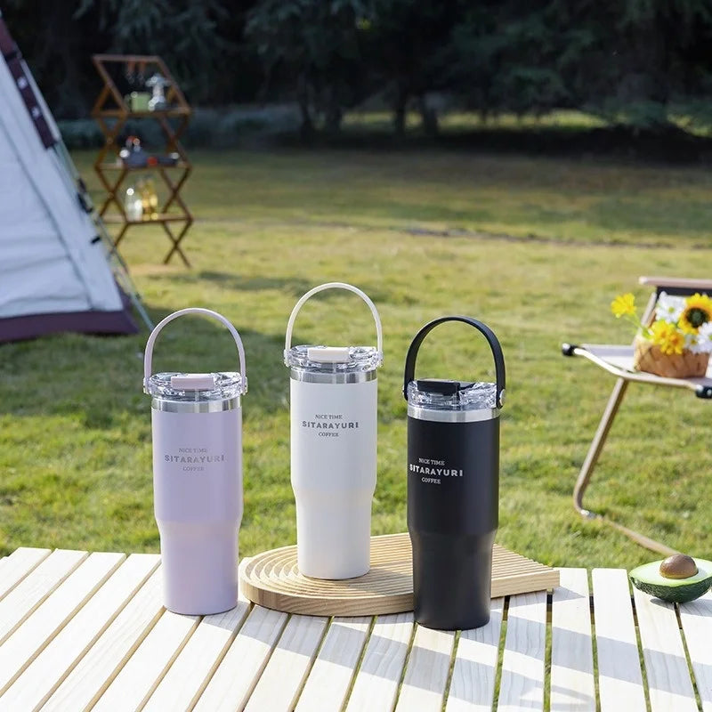 JUSTINLAU 600/900ml Insulated Cups Stainless Steel Double-drinking Thermos Cup with Handle& Straw Sports Bottle Car Ice Tumbler