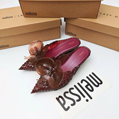 Design Big Butterfly Knot Melissa Women Flat Mules Sandals High Quality Cozy Patent Leather Pointed Toe Back Strap Shoes