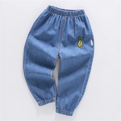 Children'S Jeans Baby Four Seasons Outwear Casual Pants Embroidered Simple Versatile Elastic Waist Sports Wear