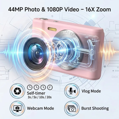 FUNNY PANDA Pink Digital Camera, 44MP 1080P Vlogging Camera with 16X Zoom, 2.2 Inch Screen, Self Timer, Webcam Mode, Plug and Play, 64GB Card Included, Ultra Lightweight Compact Retro Design