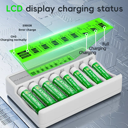 PUJIMAX 8-Slots LCD Display Fast Smart Battery Charger Type-C Charging For 1.2V Ni-MH Ni-CD AA AAA  Rechargeable Battery Charger