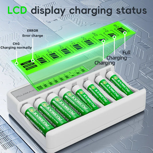 PUJIMAX 8-Slots LCD Display Fast Smart Battery Charger Type-C Charging For 1.2V Ni-MH Ni-CD AA AAA  Rechargeable Battery Charger