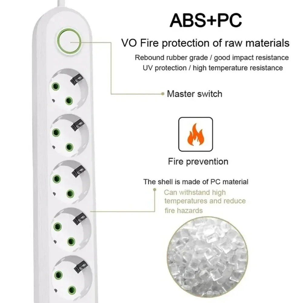 2500W EU Plug Power Socket 2m Extension Cable 3 USB Jack 3/4/5 Holes Power Strip Socket Network Filter With USB Ports Charging