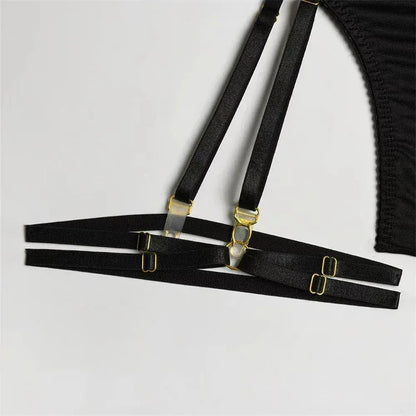 Comeondear Women Suspender Elastic Strap Intimate Underwear Black Plus Size Lingerie Belt Briefs Sexual Mesh Garter Bra Panties