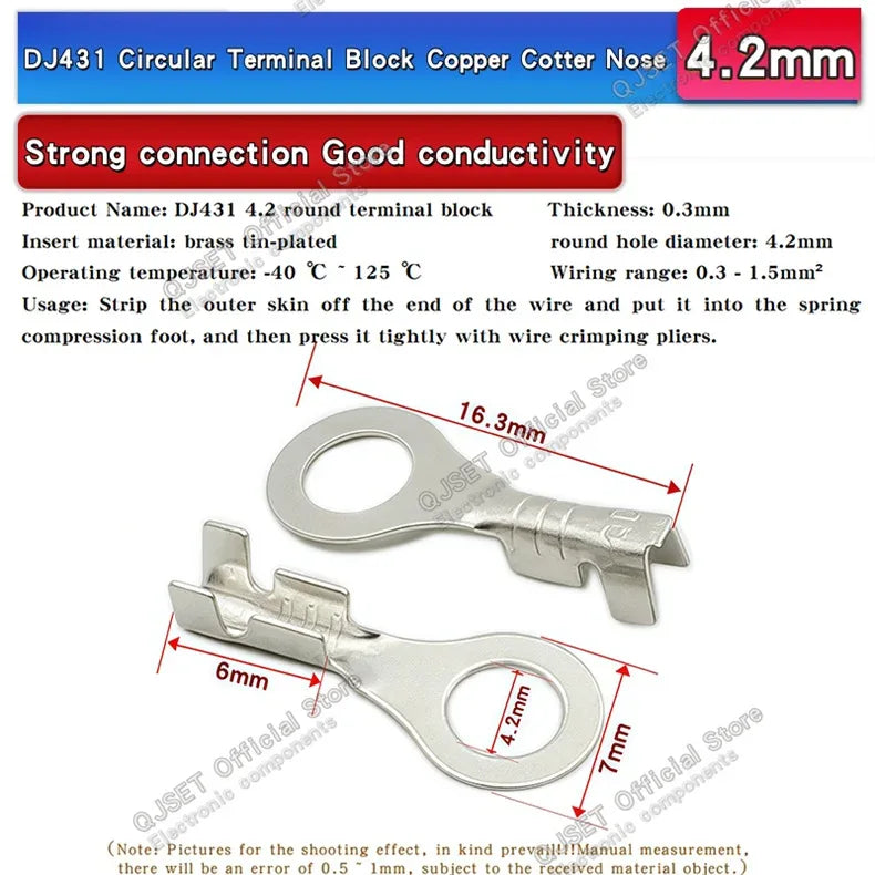 100PCS Circular Terminal Blocks DJ431 O-ring lugs Cold pressed connectors Copper lugs Terminal blocks Open ended bare ends 6.3mm