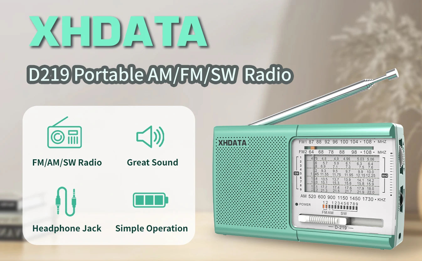 XHDATA D219 Portable Radio AM FM MW Shortwave Worldband Receiver DSP High Sensitivity 1kHz Fine Tuning Radio AA Battery Powered