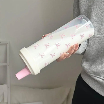 Cute Pink Bow Straw Water Bottle Fashionable Travel Safe Odorless Large-capacity Portable Water Bottle For Travel