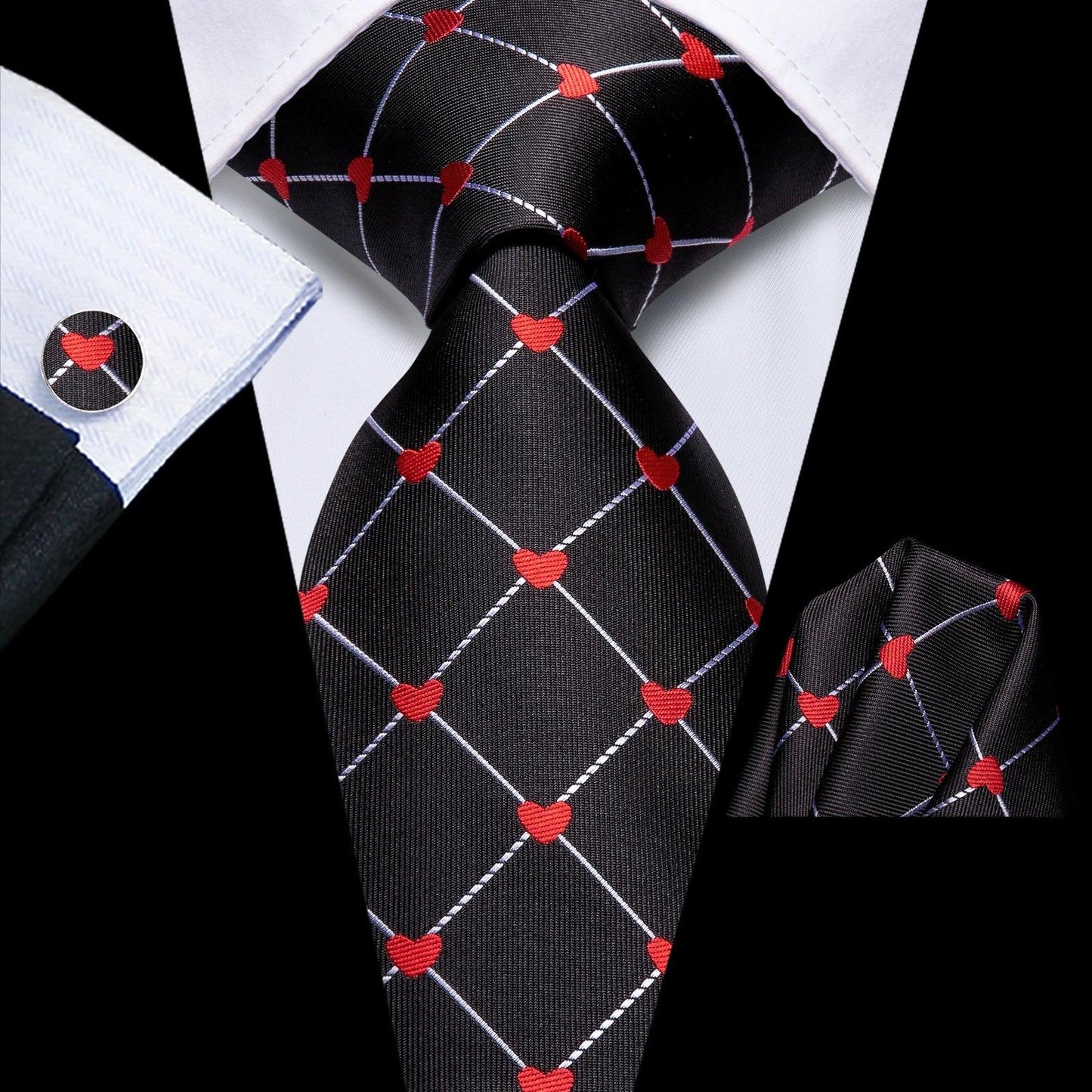 Hi-Tie  Black Red Heart Plaids Mens Fashion Necktie Handkerchief Cufflinks for Tuxedo Classic Tie Man Gift Valentine's Day
