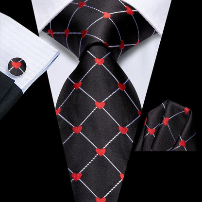 Hi-Tie  Black Red Heart Plaids Mens Fashion Necktie Handkerchief Cufflinks for Tuxedo Classic Tie Man Gift Valentine's Day