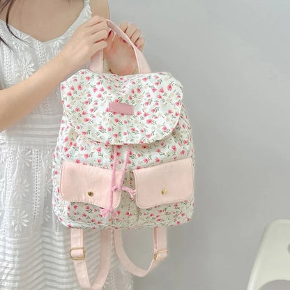 Women Girls Sweet Floral Double Pockets Shoulder Bag Japanese Aesthetic Small Backpack Casual Student Shool Book Bag F3MD