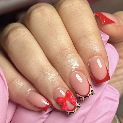 24pcs Nude Pink Sweet Fake Nails Short Duckbill Leopard Print French False Nails With 3D Bowknots Butterfly Cherry Press On Nail
