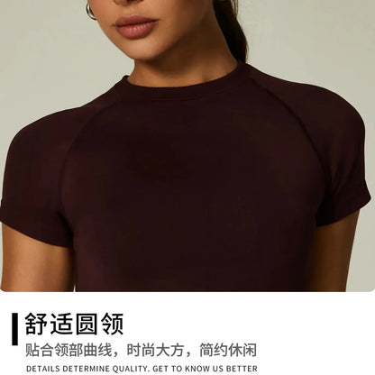 ZHEJIN Seamless Sports T-shirt Women Slim Fit Gym Workout Top Short Sleeve Yoga Shirt Curved Hem Breathable Athletic Sportswear