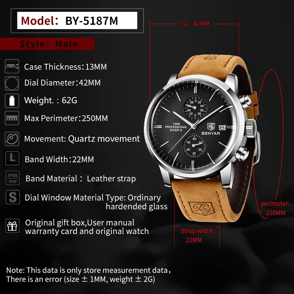 BENYAR Watches Men Luxury Brand Quartz Watch Fashion Chronograph Watch Reloj Hombre Sport Clock Male Hour Relogio Masculino 2023