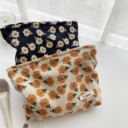 Cosmetic Bag Women Floral Makeup Case Organizer Korean Embroidery Cosmetic Pouch Travel Toiletry Bag Corduroy Canvas Beauty Case