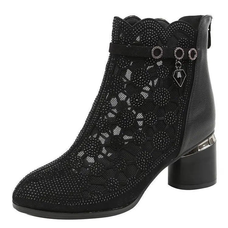 2025 Spring Summer Fashion Rhinestones Gauze Sandals Thick Heels Mesh Autumn Ankle Boots Female Hollow Women's Shoes