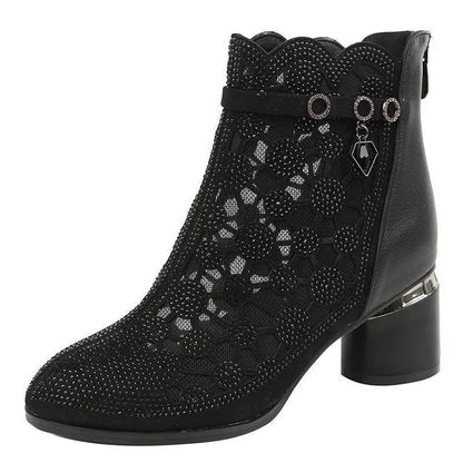 2025 Spring Summer Fashion Rhinestones Gauze Sandals Thick Heels Mesh Autumn Ankle Boots Female Hollow Women's Shoes