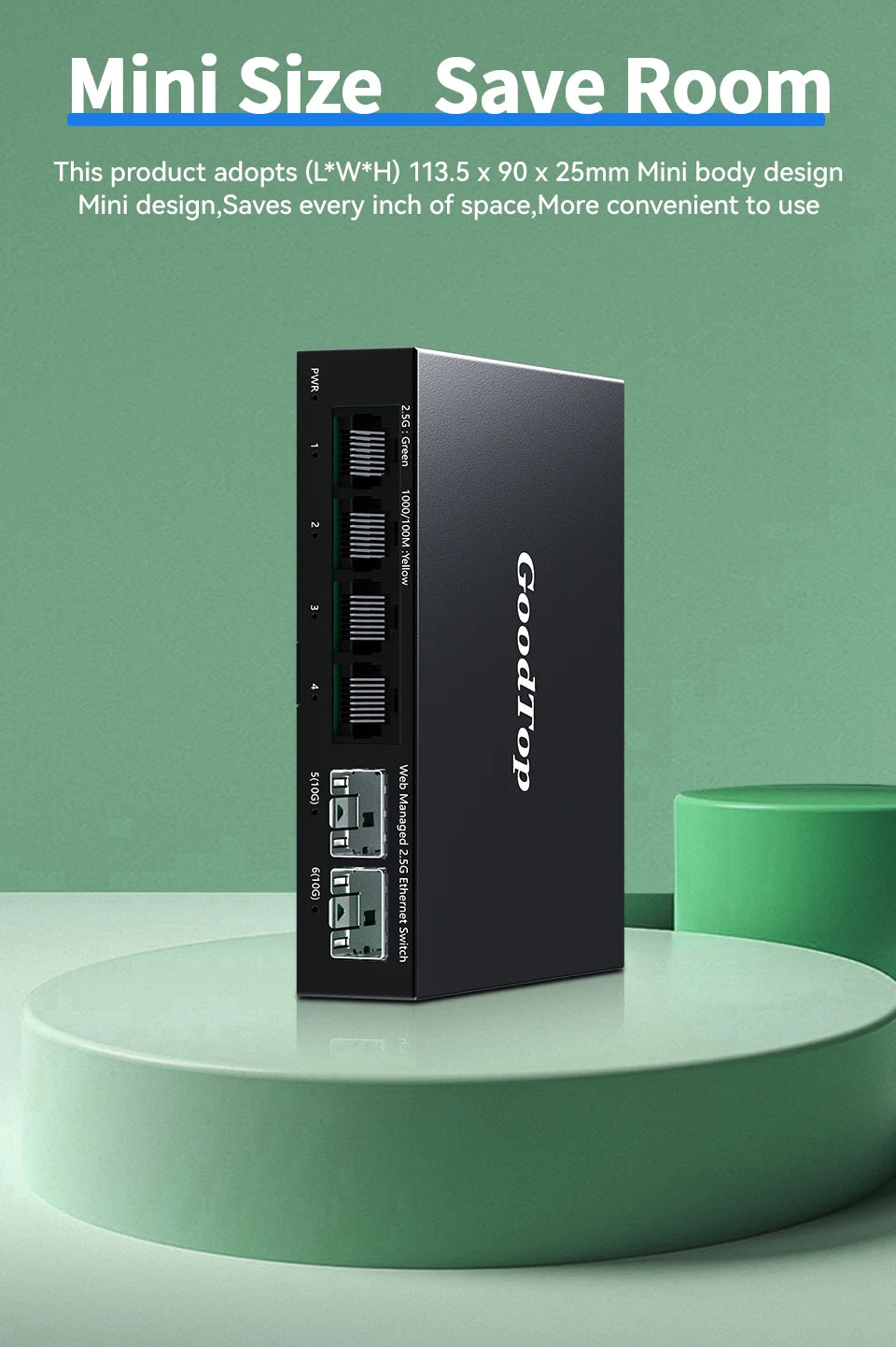 GoodTop 2.5GbE Managed Switch 6 Port 2.5GBASE-T Network Switcher 10G SFP+ Slot Uplink Web Managed Hub Internet Splitter Fanless