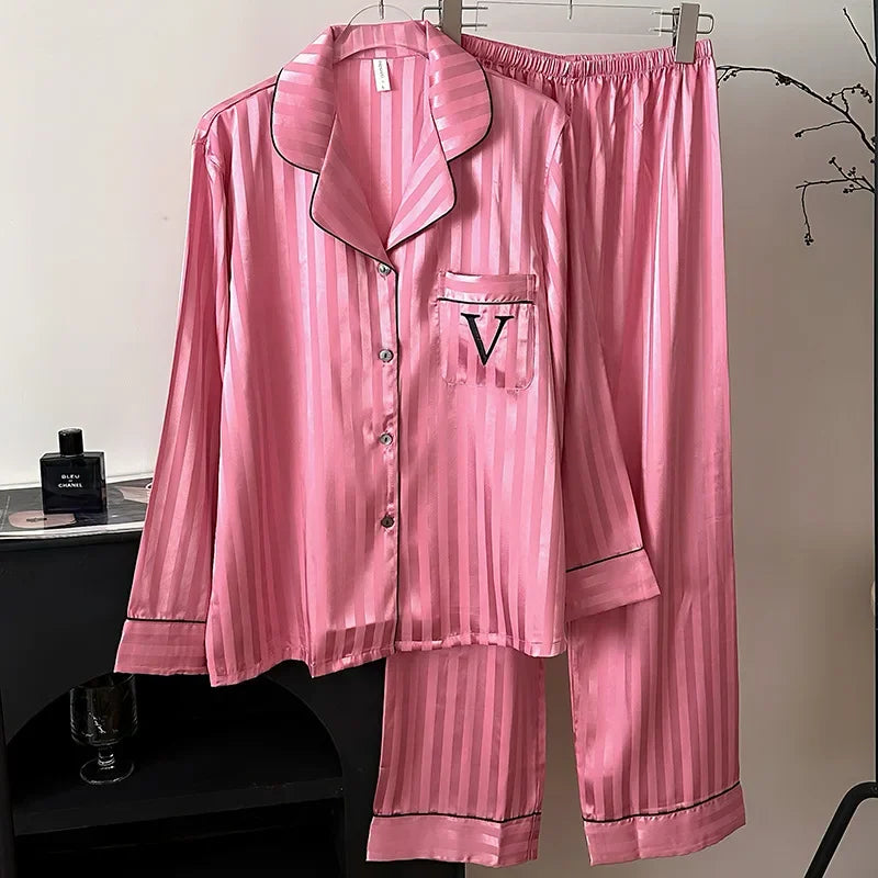 2025 Women Stripe Print Satin Pajama Ladies Pyjamas Loungewear Set Long Sleeve Buttons Lapel Tops & Pants Pijamas De Mujer