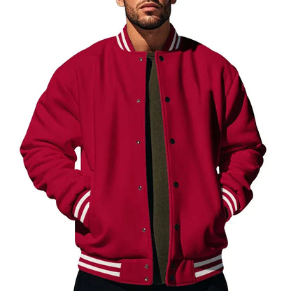 Men's Baseball Jacket with Stand-up Collar Button, Flight Jacket Monochromatic Loose, Casual, American Sports, Autumn and Winter