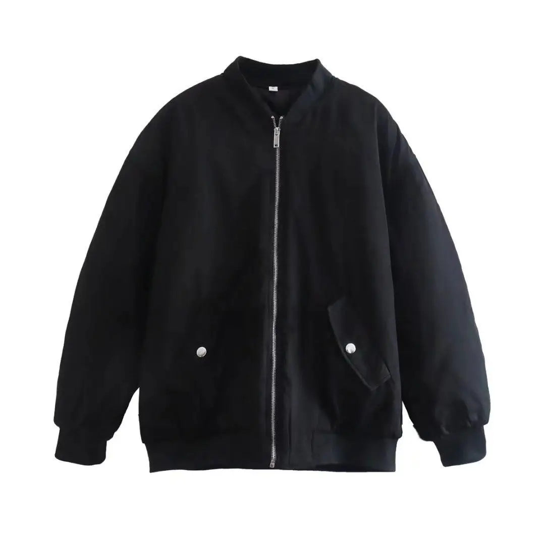 Retro Solid Zipper Cotton Jackets Women Casual Loose Bomber Jacket With Oblique Pockets Female Y2k Autumn Chic Street Outwear