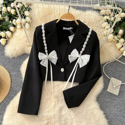 Chic Notched Basics Long Sleeve Elegant Embroidered Bead Butterfly Loose Coat French Streetwear High Street Autumn Winter Top