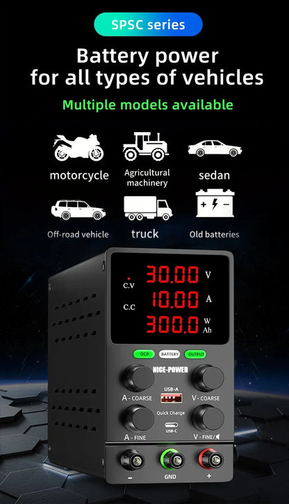 NICE POWER Adjustable DC Power Supply 12V/24V Lead-acid Battery Charging Auto-Stop When Full Reverse Polarity Protection Source