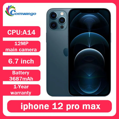 Unlocked iPhone 12 pro Max 6.7 Inch 128GB 256GB ROM A14 Bionic Chip iOS Original Apple 12pm Used Face ID Cellphone